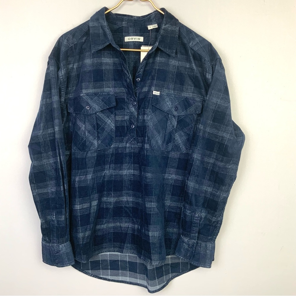 NWT Orvis Women’s Sz Large‎ Blue Plaid Half Button Down Popover Shirt Outdoors